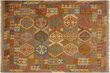 Flat Weave Kilim, Antique, Navaho, Vintage, Handmade, Geometric Kilim Beige Gold Hand-Woven Rectangle 100% Wool Area Rug 6 x 8